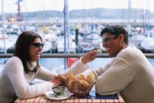 Couple Sharing Bread in Seaside Restaurant