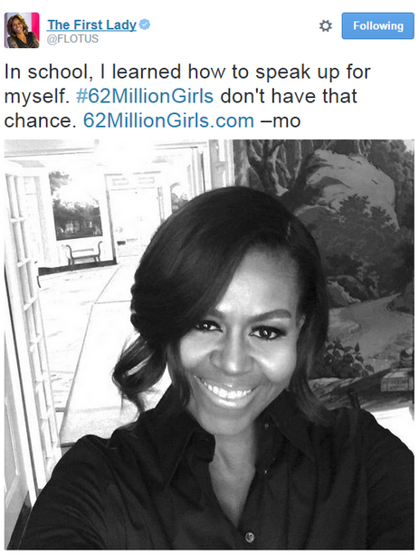 First Lady Michelle Obama posing for the action "Let Girls Learn"
