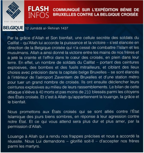 Daesh Press Communication 2016 03 22 concerning attacks on Brussels